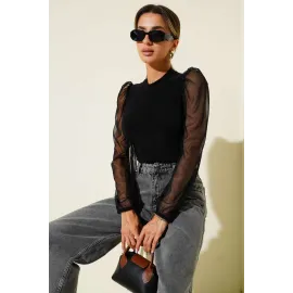 Dik Yaka Tül Kollu Bluz Siyah T3066 (Beden: M)