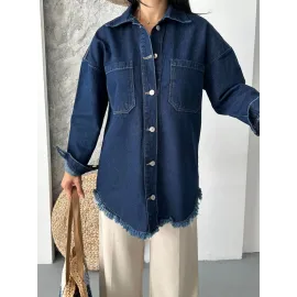Cepli Püsküllü Kar Yıkama Kot Ceket Koyu Mavi D2515 (Beden: S)