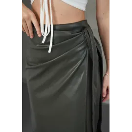 Kuşaklı Uzun Deri Etek Haki H26414 (Beden: Xl)