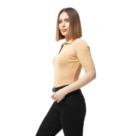 Gömlek Yaka Yazlık Triko Bluz Bej (Beden: Standart)