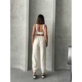 Jogger Lastik Paça Pantolon Bej (Beden: M)