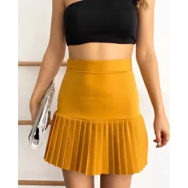 Altı Pliseli Mini Etek Hardal S24705 (Beden: L)