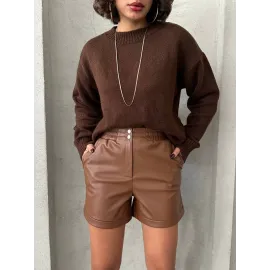 Beli Lastikli Çıtçıtlı Deri Şort Kahve W241007 (Beden: L)
