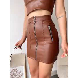 Üç Fermuarlı Deri Etek Kahve S24510 (Beden: M)