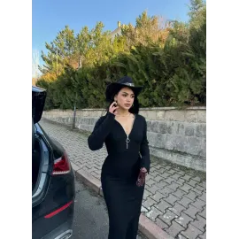 Fermuar Detaylı Fitilli Şardonlu Elbise Siyah A3178 (Beden: Standart)