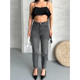 Mom Fit Enzim Taş Yıkama Jeans Pantolon Füme D2006 (Beden: 38)