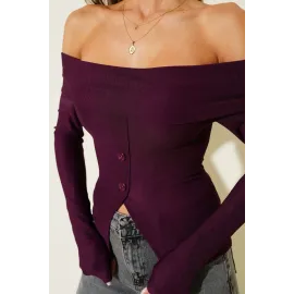 Madonna Yaka Düğmeli Bluz Mürdüm T4329 (Beden: M)