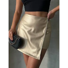 Taşlı Şort Etek Deri Gold H240018 (Beden: L)