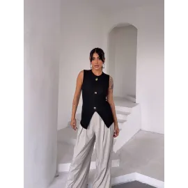 Kadın Siyah Bisiklet Yaka Gold Düğmeli Ottoman Bluz S2310 (Beden: M)