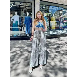 Baskılı Bağcıklı Keten Pantolon Krem (Beden: Standart)