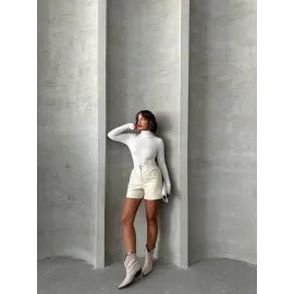 Beli Lastikli Çıtçıtlı Deri Şort Krem W241007 (Beden: S)