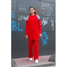 Omuz Detaylı Kol Nakışlı İkili Alt Üst Triko Takım Kırmızı (Beden: Standart)