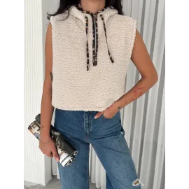 Astarlı Kapşonlu Kuzu Yelek Beyaz T1243 (Beden: Xl)