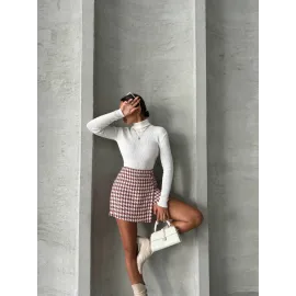 İki Düğmeli Kaz Ayağı Desen Ch Kumaş Şort Etek Bordobeyaz H26414 (Beden: Xl)