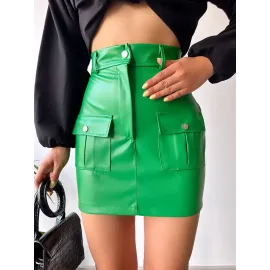 Önden İki Cepli Deri Etek Yeşil H240040 (Beden: S)