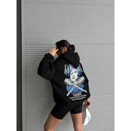 3 İplik Şardonlu Oversize Kafa Baskılı Sweat Siyah (Beden: L)