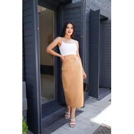 Uzun Düğmeli Etek Bej (Beden: S)