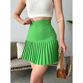Altı Pliseli Mini Etek Yeşil S24705 (Beden: S)
