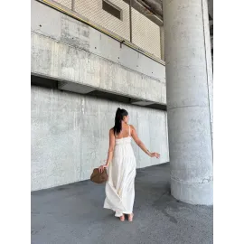 Dantelli Askılı Keten Elbise S4310 Bej (Beden: L)