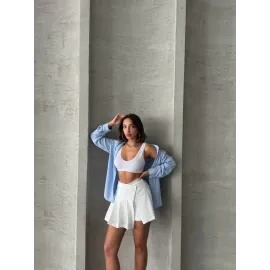 Piliseli Düğmeli Şort Etek Beyaz S25813 (Beden: M)