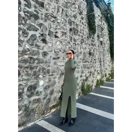 Yırtmaçlı Kalın Bürümcük Uzun Elbise Yeşil (Beden: M)