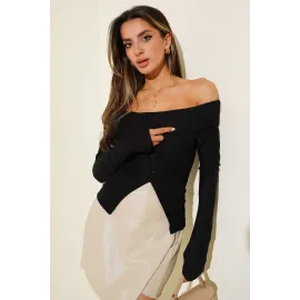 Madonna Yaka Düğmeli Bluz Siyah T4329 (Beden: L)