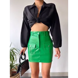 Önden İki Cepli Deri Etek Yeşil H240040 (Beden: M)
