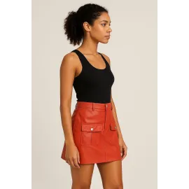 Önden İki Cepli Deri Etek Turuncu H240040 (Beden: S)