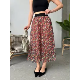 Baskılı Astarlı Uzun Etek Kırmızı (Beden: S)