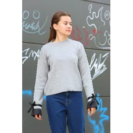 Boncuklu Bile Detaylı Kazak Gri (Beden: Standart)