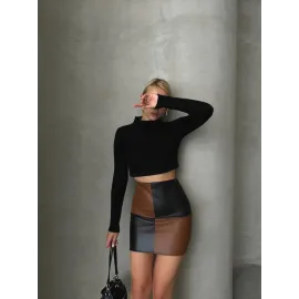 Damalı Deri Etek Siyah Kahve W24648 (Beden: S)