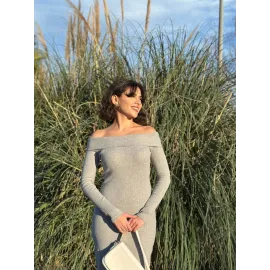 Madonna Yaka Uzun Elbise Şardonlu Kumaş Gri W3753 (Beden: L)