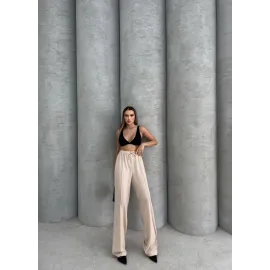 Çımalı Keten Pantolon Bej (Beden: M)