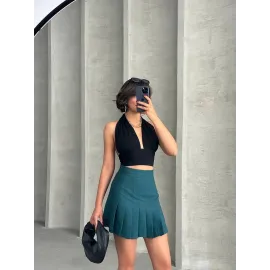 Pileli Düğmeli Etek Yeşil S24811 (Beden: M)