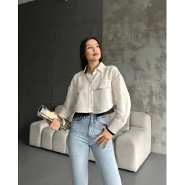 Çift Renkli Kısa Gömlek Krem S4021 (Beden: 38)