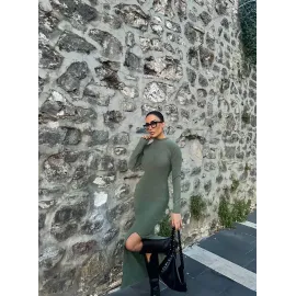 Yırtmaçlı Kalın Bürümcük Uzun Elbise Yeşil (Beden: L)