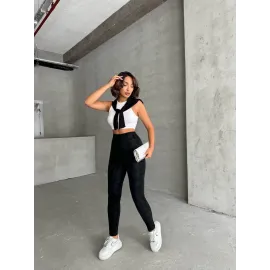 Gizli Yan Fermuarlı Bulut Desenli Tayt Siyah H248638 (Beden: M)