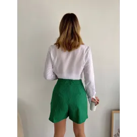 Zincir Detaylı Çizgili Şort Etek Yeşil (Beden: S)