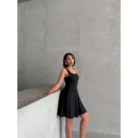 Kadın Kare Yaka Kısa Elbise S251188 Siyah (Beden: M)