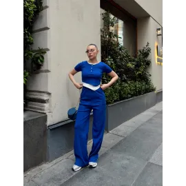 Düğme Yakalı Saks Alt Üst Takım S3943 (Beden: L)