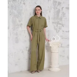 Kuşaklı Gömlek Yaka Salaş Tulum Haki S255822 (Beden: S)