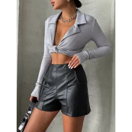 Parçalı Cepli Deri Şort Siyah W26312 (Beden: Xl)