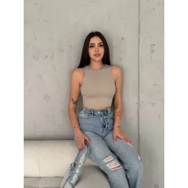 Fitilli Kaşkorse Yakası Zincirli Atlet Vizon (Beden: L)