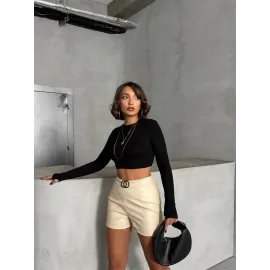 Tokalı Deri Şort H24444 Krem (Beden: M)