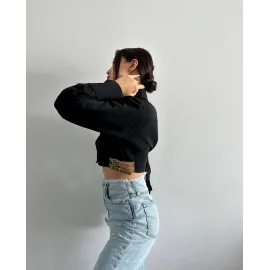 Yanı Kemer Detaylı Crop Gömlek Siyah S4009 (Beden: 38)