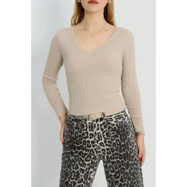 V Yaka Kaşkorse Bluz Bej A3699 (Beden: L)