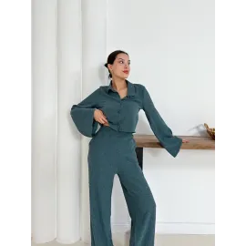 Gömlek Yaka Kaplama Düğmeli Takım Petrol Yeşili St265866 (Beden: S)