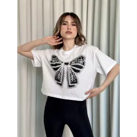 Oversize Beyaz Baskılı Crop Tişört (Beden: S)