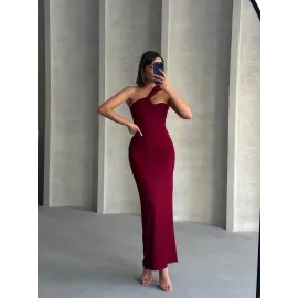Krinkıl Tek Omuz Uzun Elbise Bordo S25455 (Beden: L)
