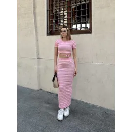 Çizgili Etekli Takım Pembe S3609 (Beden: L)